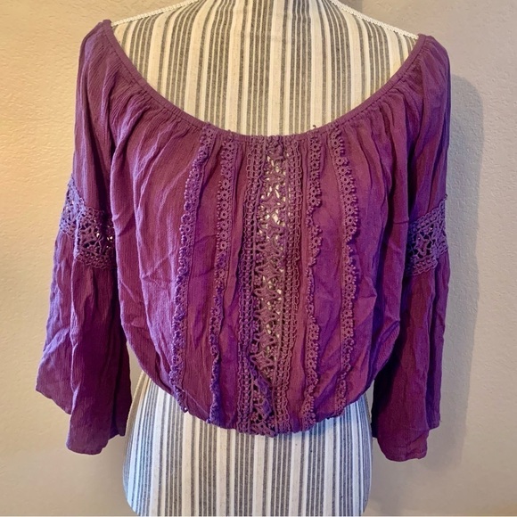 Cropped Peasant Top Large Charlotte Russe Plum Purple Crochet Lace Detail Rayon - Picture 1 of 13